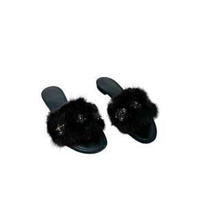Louis Vuitton Black Fur Jeweled Slide Sandals Women’s EU 39 Luxury Designer